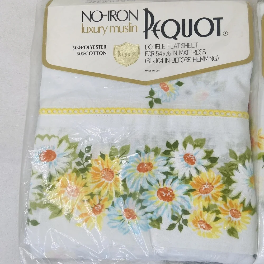 Vintage Pequot Maytime Yellow Daisy Floral Full Fitted Flat Sheet Pillowcase Set